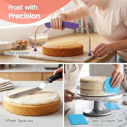RFAQK 150PCs Cake Pan Set for Baking + Cake Decorating Supplies: 3 Round Non Stick Springform Pan Set (4, 7, 9 inches),24 Icing Tips,Cake Leveler–Multi-functional Leak-Proof Cake Pans & eBook