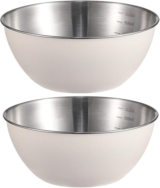 Stainless Steel Salad Bowls Set of 2 Mixing Bowl with Measurement Markings Snacks Bowls, Small 1.27 Quart White Serving Bowls for Mixing, Cooking, Prepping and Home Kitchen Food Storage Bowls