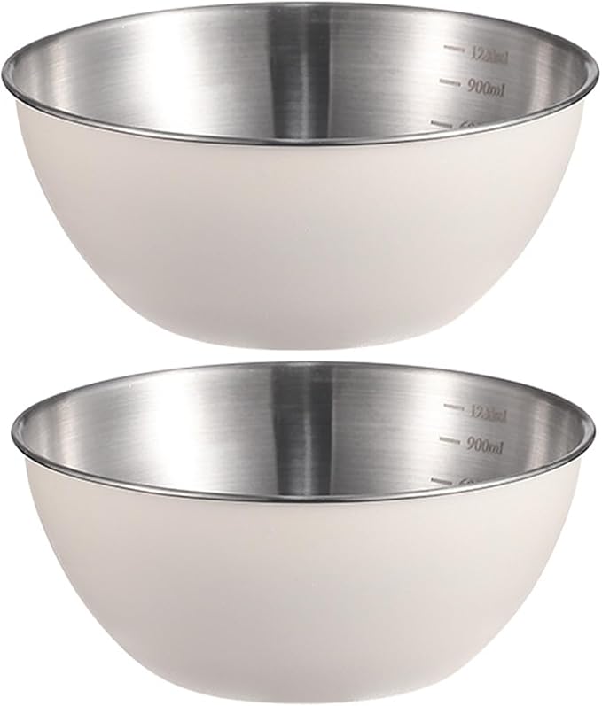 Stainless Steel Salad Bowls Set of 2 Mixing Bowl with Measurement Markings Snacks Bowls, 1.70 Quart White Serving Bowls for Mixing, Cooking, Baking, Prepping and Home Kitchen Food Storage Bowls