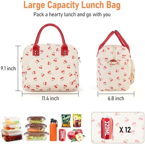 Lunch Bag Large Insulated Lunch Box for Women Men Adult Cute Cherry Lunchbox Corduroy Lunch Bags Boxes Pail with Shoulder Strap for Work Mom Picnic Office Travel 11.4×6.8×9.1 inches 11.5L
