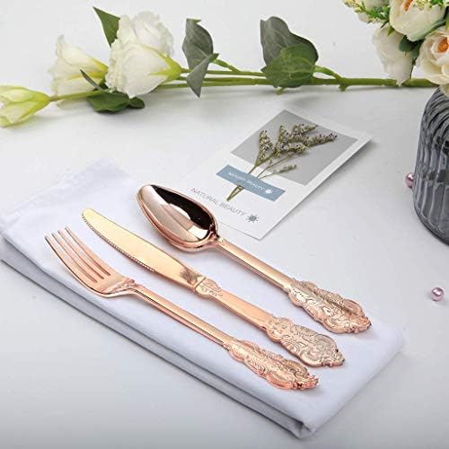 WDF-300 Pieces Rose Gold Plastic Silverware- Disposable Flatware -Heavyweight Plastic Cutlery- Includes 100 Forks, 100 Spoons, 100 Knives for Wedding/Parties/Birthday