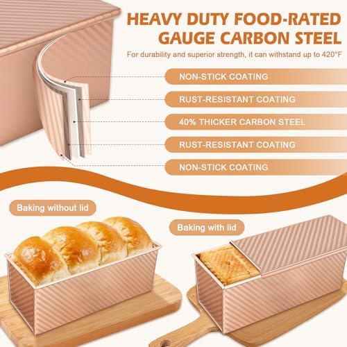 2Pack Loaf Pans with Lids – 2.2 LB & 1 LB Dough Capacity, Non-Stick Carbon Steel Bread Pans for Homemade Sandwich and Sourdough Bread, Corrugated Toast Mold