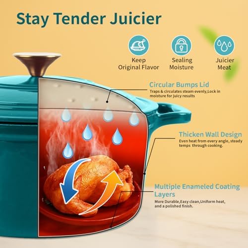 Enameled Cast Iron Dutch Oven with Lid&Silicone Grip, Round Casserole Pot for Bread Baking, Braising, Roasting,Stews,Heavy-Duty Baking Pan,Oven Safe, Induction Compatible (4.7QT,Lagoon)