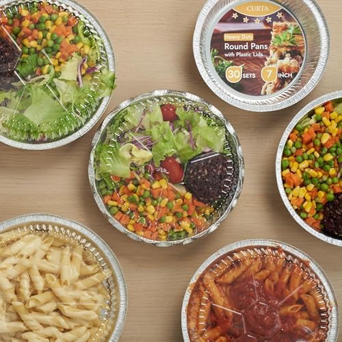 CURTA 7" Round Aluminum Foil Pans with Clear Lids | Heavy Duty | Great for Broiling, Baking, Storage, Roasting, Takeout, Air Fryer | 120 Pack
