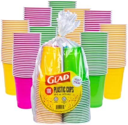 Glad Plastic Party Cups Fun Pack, 4 Colors, 16 Oz, 100 Count, 6-Pack