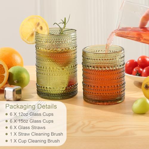 ZMOWIPDL Drinking Glasses Set of 12,Green 12oz & 15oz Hobnail Glass Cups