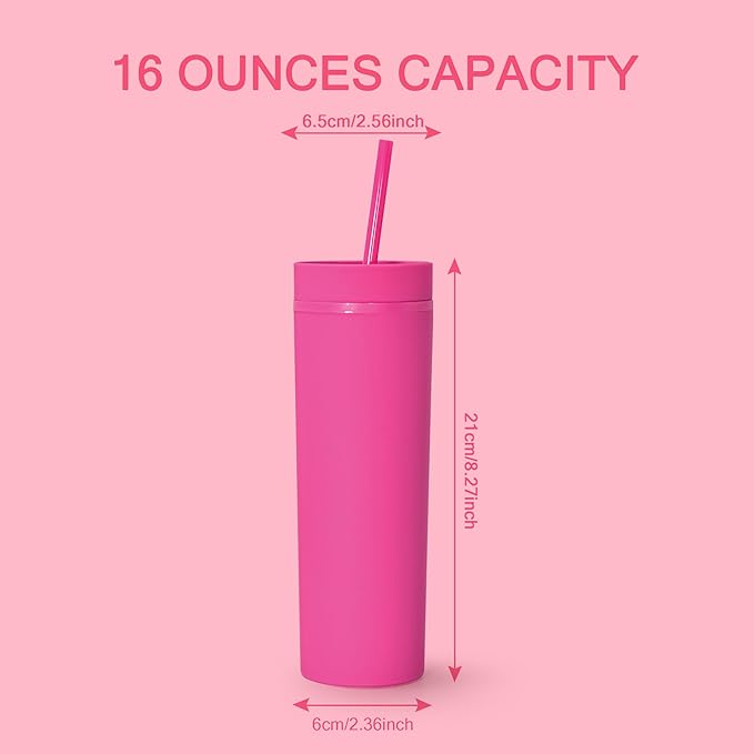 sweet grain Skinny Tumblers with Lids and Straws(6 Pack) - 16oz Matte Pastel Colored Skinny Acrylic Tumblers, Double Wall Plastic Tall Skinny Tumblers Bulk for Cold Hot Drinks - Rose Red