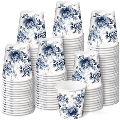 RUSPEPA 2 oz Bathroom Cups, Disposable Paper Cups - 100 Pack Blue Watercolor Flower Design Printed - Mini Mouthwash Rinse Paper Cups for Home, Bathroom, Picnic, Party, and Events