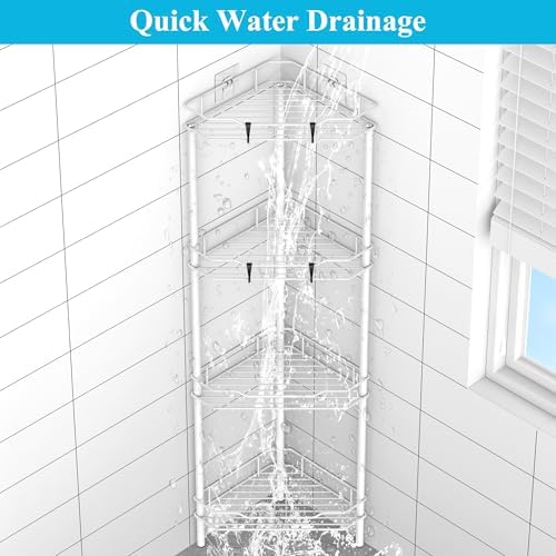 HuggieGems Metal Floor Standing Corner Shower Caddy, White, 4 Tier