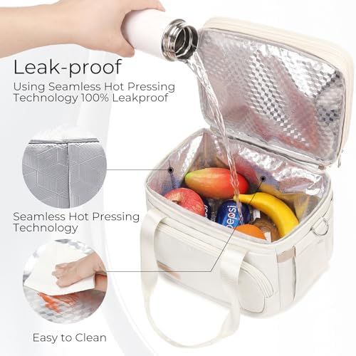MAPLELILY Lunch Box for Men Women - Double Deck Insulated Lunch Bag, Large Leak Proof Tote Cooler, Wide Open Dual Compartment Lunch Bags with Shoulder Strap, For Work Picnic Hiking Beach, Beige