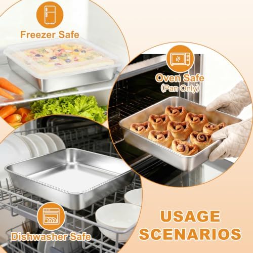 Stainless Steel Baking Pan with Lid, 8 x 8 x 2 Inch Deep Square Cake Pan with Cover, Non-toxic&Healthy Bakeware Set of 2, Easy Clean, Dishwasher & Oven Safe, for Cakes, Brownies(2Pans+2Lids)