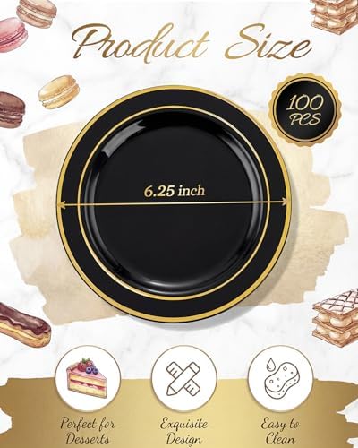 bUCLA 100PCS Black and Gold Plastic Plates - 6.25 inch Black Gold Premium Hard Disposable Dessert/Salad/Appetizer/Small Cake Plates for Party, Graduation & New year