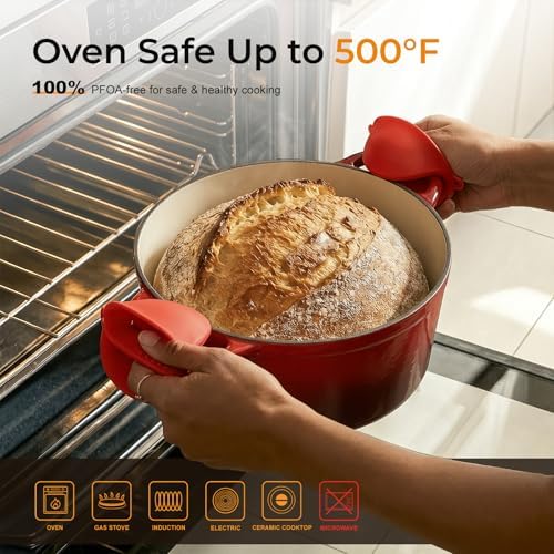 Parmedu 5.5QT Enameled Cast Iron Dutch Oven for Sourdough Bread Red