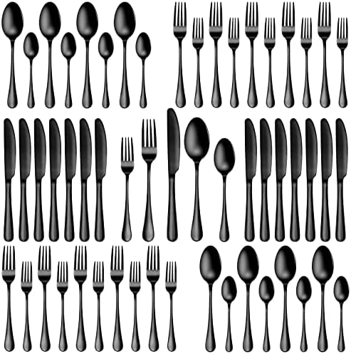 40 Pcs Black Silverware Set, Stainless Steel Flatware Set for 8, Food-Grade Cutlery Set, Mirror Polished Tableware Eating Utensils Set for Home Kitchen, Include Knife Fork Spoon Set, Dishwasher Safe