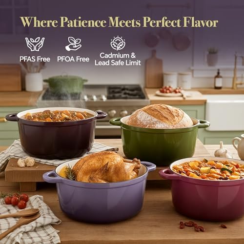 Vintage Style 6 Quart Dutch Oven Pot with Lid, Non Stick Enameled Cast Iron Dutch Oven for Bread Baking, Heavy-Duty, Oven Safe Ceramic Cookware Up to 500°F for Baking, Braising, Stews, Roasting, Purple