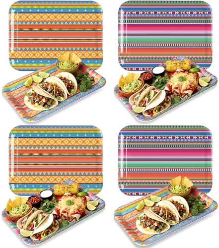 Vesici 4 Pack Mexican Melamine Serving Trays, 13 x 10 in Rectangular Decorative Platters, Colorful Aztec Boho Pattern Snack & Appetizer Plates for Taco Bar, Patio, Parties, Home Decoration