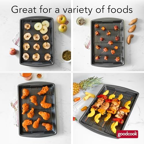 GoodCook 15” x 10.5” Nonstick Carbon Steel Baking Pan & Raised Wire Rack – Pizza Crisper,Crispy Bacon,Multipurpose Cooking Sheet Pan,Cooling Rack,Kitchen Cookware Set,Dishwasher Safe,(Pack of 12)