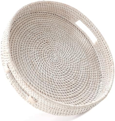 HITOMEN 14.2" Hand-Woven Round Rattan Serving Tray Decorative Ottoman Wicker Platter with Handles for Coffee Table, Breakfast, Drinks, Snack, Bread, Fruit, Vegetables (Whitewash-L)