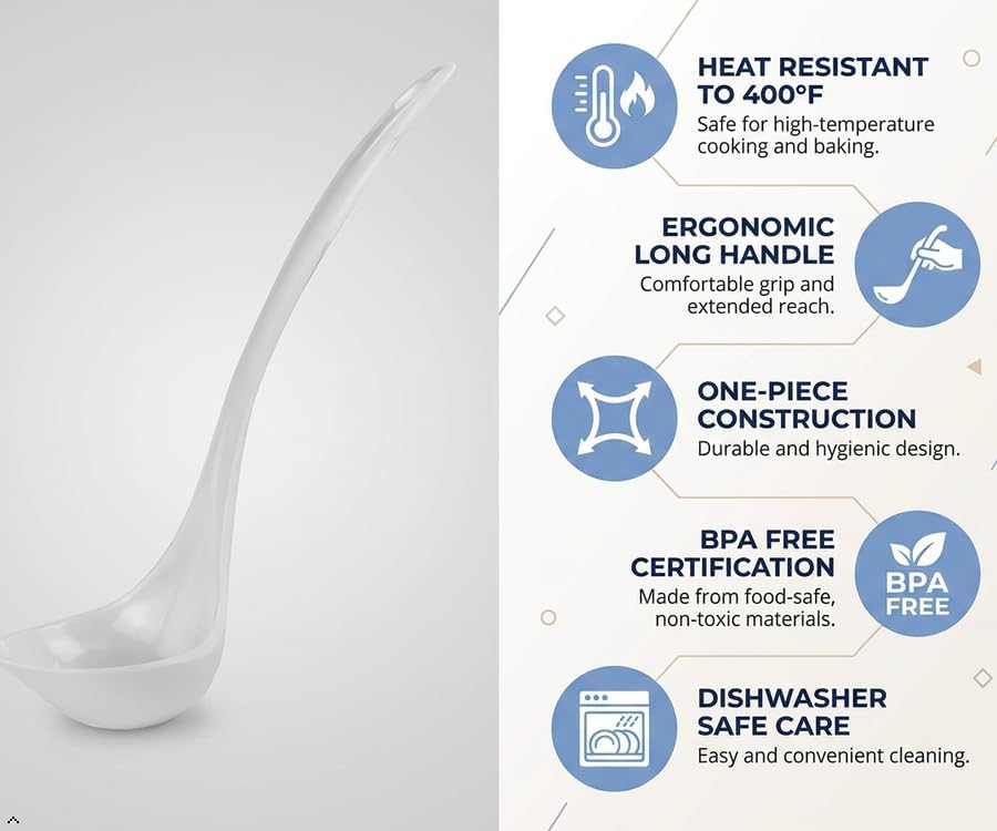 Reston Lloyd Melamine Soup Ladle Kitchen Utensil, Premium Quality Utensil with Heat Resistant Ergonomic Handle, Durable BPA-Free Plastic, 10.5 inch long, 6pc Set, White