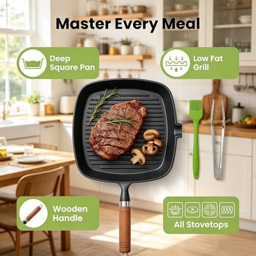 Cast Iron Grill Pan, 9 inch Griddle Pan Skillet with Wooden Handle, Kitchen Tong & Oil Brush included