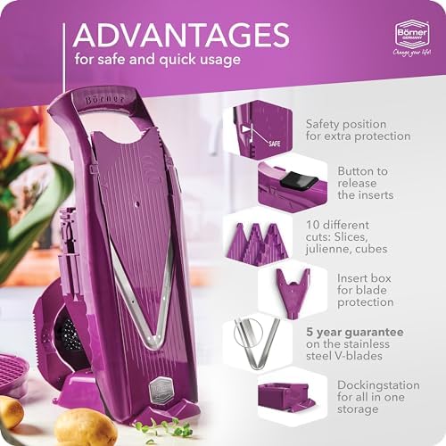 Börner V5 PowerLine Vegetable Cutter Professional Set (7 pcs.) • Vegetable Cutter (V-Planer) for Fruit & Vegetables + Accessories • 8 Cutting Types • Kitchen Planer Set