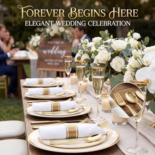 Liacere 100Pack Pre Rolled Gold Silverware and Napkin-400pcs Disposable Gold Plastic Utensils-Wrapped Plastic Cutlery Set with Napkin:100 Forks,100 Knives,100 Spoons,100 Napkins for Wedding＆Fall Party