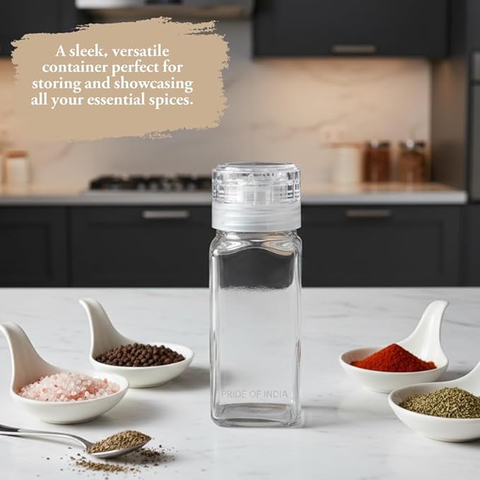Small Clear Square Glass Spice Jar & Adjustable Grinder Cap | Store & Grind Pepper Salt Spice Herbs Sugar| Foodgrade BPA Free Dishwasher Safe Refillable | 4 Fl. Oz. Capacity | Hand packed in USA