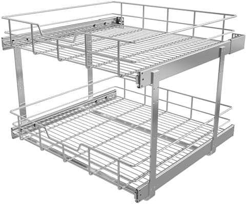 2 Tier Pull Out Cabinet Organizer 24" W X 22" D, Chromed, Full Slide Out