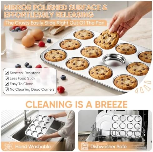 TeamFar Muffin Top Pan, 2 PCS 12 Cavity Stainless Steel Shallow Cupcake Pan