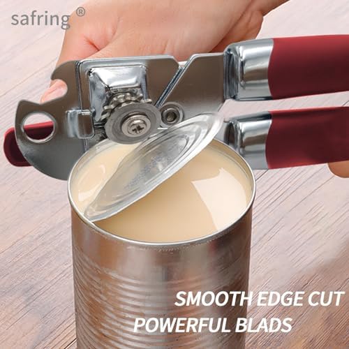 Safring Can Opener Manual, Handheld Strong Heavy Duty Stainless Steel Can Opener, Comfortable Handle, Sharp Blade Smooth Edge, Can Openers with Multifunctional Bottle Opener, Red