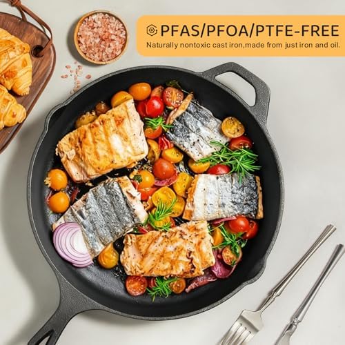 EWFEN Cast Iron Skillet 3-Piece Set, 8", 10" & 12" Pre-Seasoned Frying Pans, Heavy-Duty Professional Restaurant Chef Quality Cookware w/Drip Spout, Indoor & Outdoor Use, Oven, Stove, Grill & Campfire