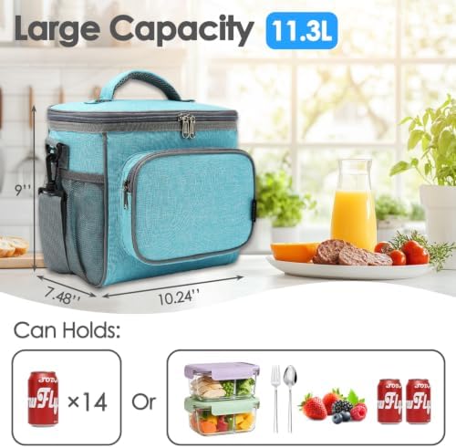 FlowFly Insulated Reusable Lunch Bag Adult Large Lunch Box for Women and Men with Adjustable Shoulder Strap,Front Zipper Pocket and Dual Large Mesh Side Pockets,SeaBlue