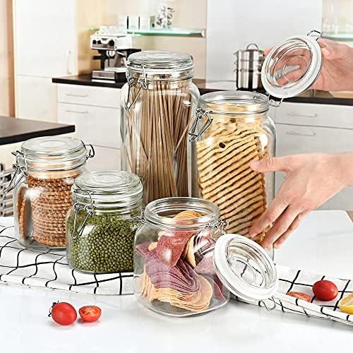 32oz Glass Food Storage Jars with Airtight Clamp Lids,Set of 4 Airtight Glass Canister Square- Clear Storage Container for Kitchen Container Storing Sugar, Flour, Cereal,Coffee,Spice…