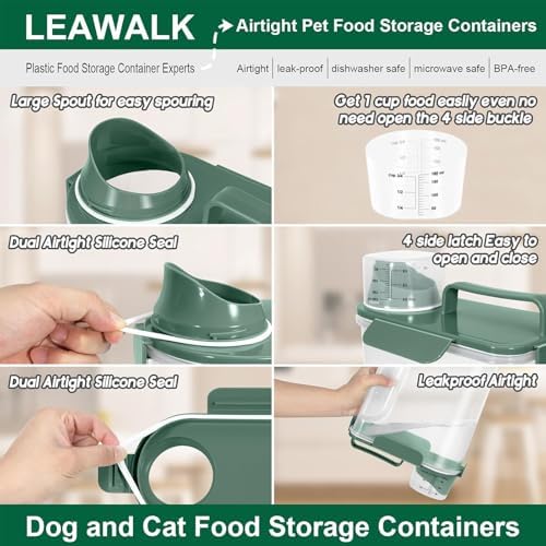 LEAWALK 5-7Lbs Cat Dog Storage Container, Portable Pet Food Containers with Upgraded Large Spout and Cup, Small Animal Kibble Dispenser for Bird Seed, Oatmeal, Rice, Flour, Brown Sugart-Dark Green