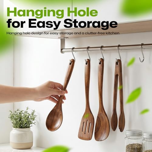 AIUHI Wooden Mixing Spoon, Teak Wooden Spoon for Cooking, Serving & Mixing, Non-Stick Safe Wooden Cooking Spoon, Essential Wooden Utensil for Kitchen