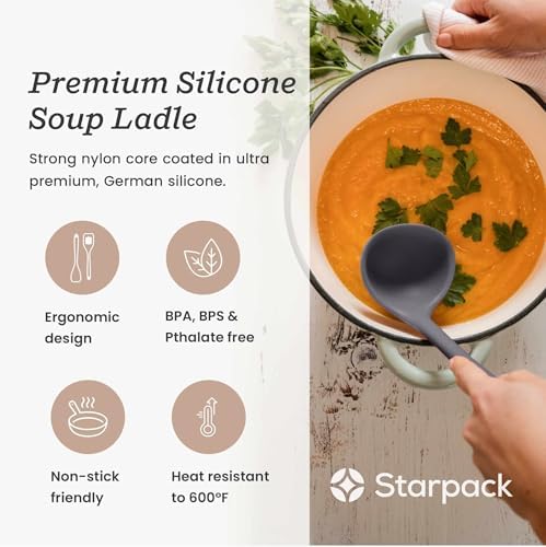 Starpack 'Ladle of Love' Premium Silicone Ladle Spoon 11" - Soup Ladles High Heat Resistant to 600°F - Kitchen Laldes for Serving - Non Stick Silicone Ladles - LFGB Grade Rubber Cooking Spoon - Gray