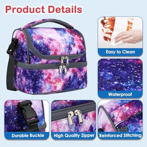 FlowFly Double Decker Cooler Insulated Lunch Bag Large Tote for Boys, Girls, Men, Women, With Adjustable Strap,Galaxy
