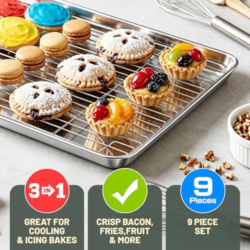Stainless Steel Baking Sheet Tray Cooling Rack with Silicone Baking Mat Set, 9/12/16 Inch Cookie Sheet Baking Pan with Wire Rack Set, Set of 9 (3 Sheets + 3 Racks + 3 Mats), Heavy Duty & Rust Proof