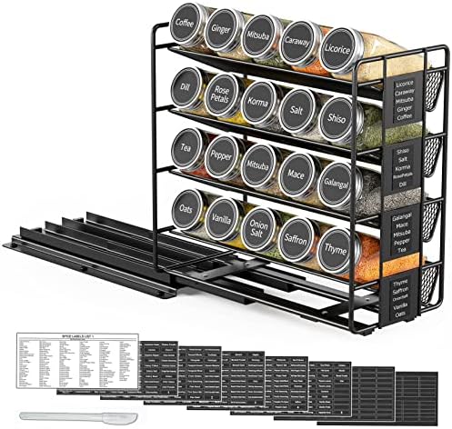 SpaceAid Pull Out Spice Rack Organizer with 20 Jars, Heavy Duty Slide Out Seasoning Organizer for Kitchen Cabinets, with 801 Labels and Chalk Marker, Left Facing