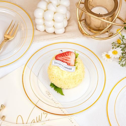 bUCLA 100 Pieces Clear Gold Plastic Plates Disposable - 6.25 Inch Clear Plastic Dessert Plates with Gold Trim for Party, Wedding & Thanksgiving