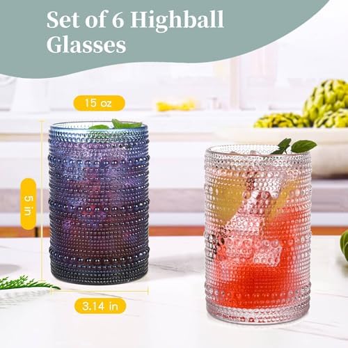 Blue Hobnail Drinking Glasses Set of 6,15 oz Vintage Highball Glasses,Drinkware Kitchen Glasses for Cocktail,Iced Coffee,Beer,Ice Tea,Wine,Whiskey,Water