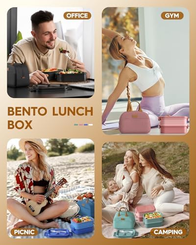 KEMETHY Adults Bento Lunch Box Set with Thermo Bag, 74oz Stackable Leak-proof 3-tiers Bento Box, Built-in Utensil and Sauce Container for Work, School, Dining Out (Black)