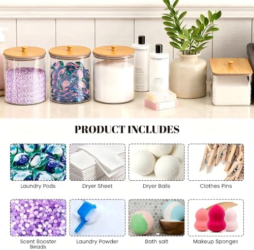 HomePekite Glass Laundry Pods Storage Container & Acrylic Dryer Sheet Holder, Laundry Room Organization and Storage, Detergent Powder Container, with Wooden Lids & Labels, 3+1 Pack