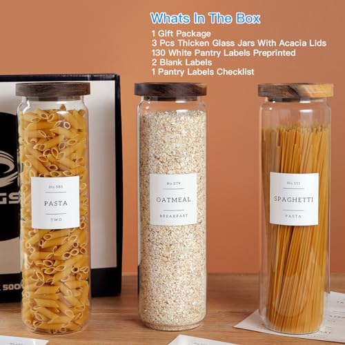 CZZGSM 3 Set Glass Pantry Storage Jars with Acacia Airtight Lid - 50oz Thicken Glass Kitchen Canisters with 132 Pantry Labels - Tall Food Storage Containers with Wood Lid for Pasta,Spaghetti,Cereal