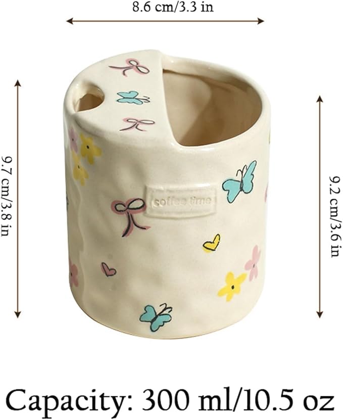 Ceramic Coffee 10oz Mug Hand-Painted Espresso Cup，Retro Ceramic Travel Mug For Kitchen, Dining-Green，Microwave Safe (Colorful Butterflies)