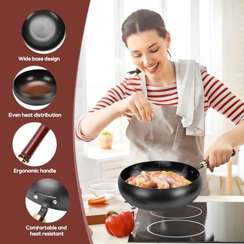 Gugxiom Suntuup Japanese Iron Pan, 28cm/11in Cast Iron Wok (Wooden lid)