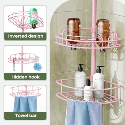 HAMITOR Corner Shower Caddy Tension Pole: 4-Tier Bathroom Organizer Pink