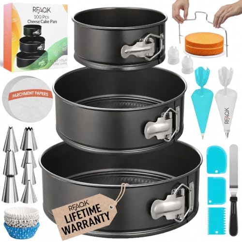 RFAQK 100pcs Cake Pan Sets for Baking + Cake Decorating Supplies: 3 Non-Stick Springform Pans Set (4, 7, 9 inches), Icing Tips, Cake Leveler – Multi-functional Leak-Proof CheeseCake Pan & eBook