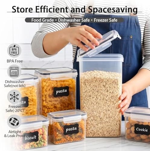 24 PCS Airtight Food Storage Containers with Lids, Plastic Kitchen and Organization Canisters for Cereal, Dry Food, Flour and Sugar, BPA-Free, PVC-Free, Includes 24 Black Labels & Marker