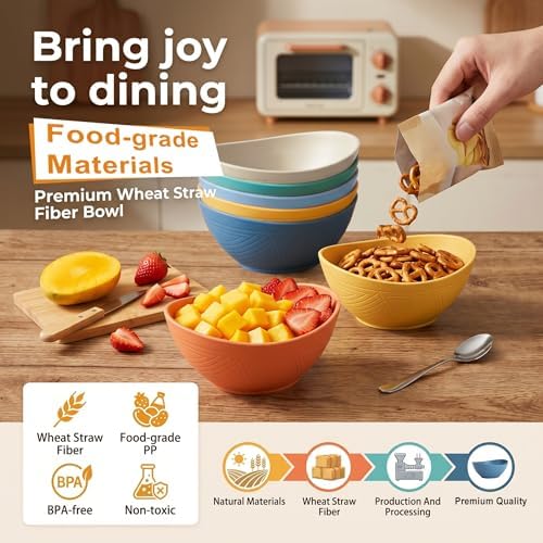 Wheat Straw Bowls 26oz, Unbreakable Cereal Bowl Set of 6 - Multi